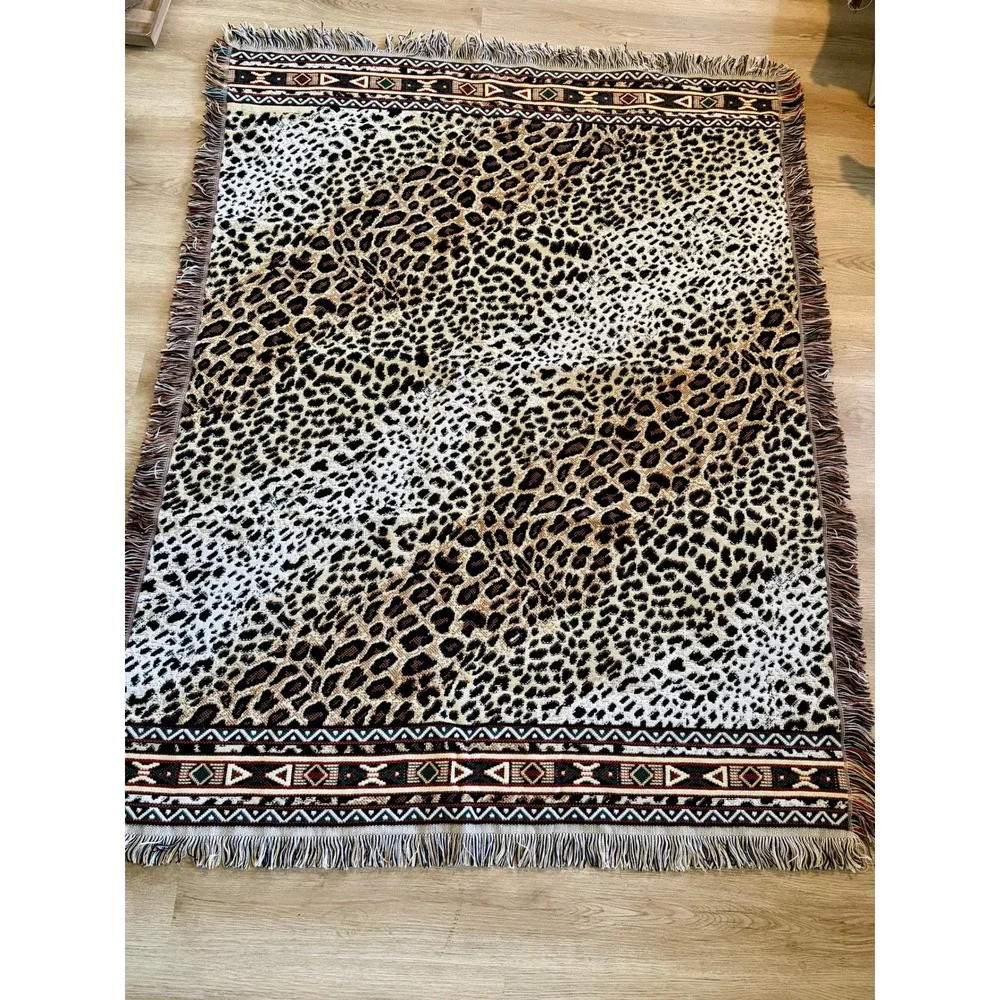Leopard Print Woven Throw Blanket Tribal Border Fringe USA Made 59x47